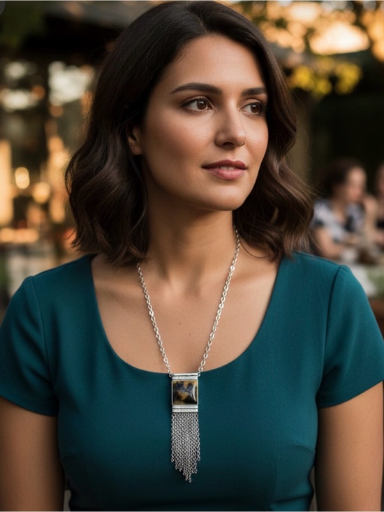 Jewelry - Silver Chain Necklace with Blue Rectangular Pendant and Fringe
